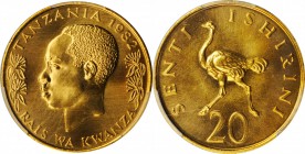 TANZANIA. 20 Senti, 1982. Kings Norton Mint. PCGS SPECIMEN-68 Gold Shield.

KM-2. One of the final dates in the series, this particular stunning Gem...
