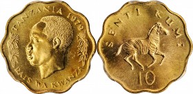 TANZANIA. 10 Senti, 1979. Kings Norton Mint. PCGS SPECIMEN-65 Gold Shield.

KM-11. Enticing yellow-bronze surfaces highlight this resplendent Gem, o...