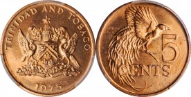 TRINIDAD & TOBAGO. 5 Cents, 1975. Kings Norton Mint. PCGS SPECIMEN-66 Red Gold Shield.

KM-26. As tremendous as one can possibly acquire, this stunn...