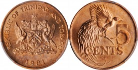 TRINIDAD & TOBAGO. 5 Cents, 1981. Kings Norton Mint. PCGS SPECIMEN-65 Red Gold Shield.

KM-30. A blazing red Gem, this piece is exceeded in the PCGS...