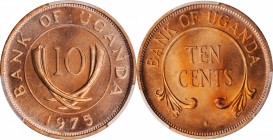 UGANDA. 10 Cents, 1975. Kings Norton Mint. PCGS SPECIMEN-67 Red Gold Shield.

KM-2. The seldom seen final year of issue for the type, this fully red...