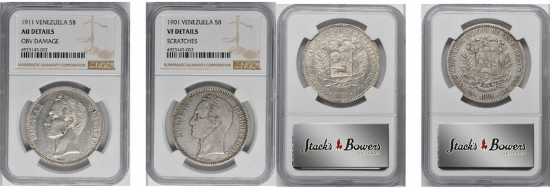 VENEZUELA. Duo of 5 Bolivares (2 Pieces), 1901-11. Paris Mint. Both NGC Certifie...