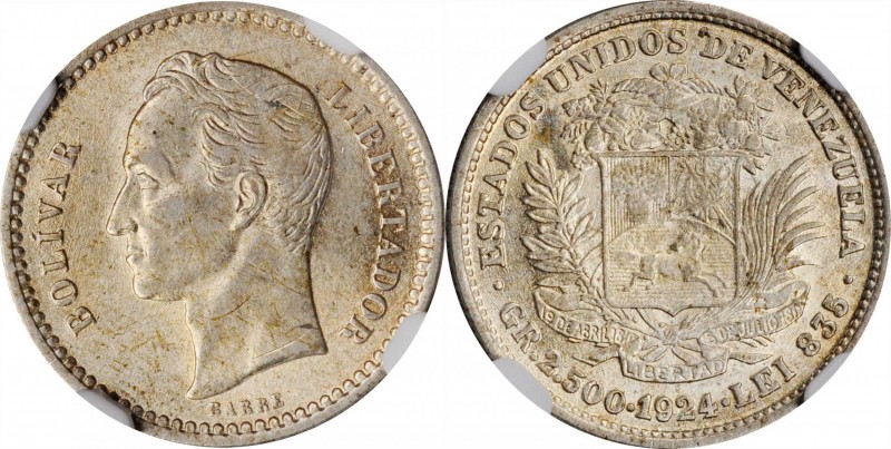 VENEZUELA. 50 Centimos, 1924. Philadelphia Mint. NGC AU-58.

KM-Y-21. One of t...