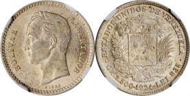 VENEZUELA. 50 Centimos, 1924. Philadelphia Mint. NGC AU-58.

KM-Y-21. One of the later dates in the series, this charming specimen presents little e...