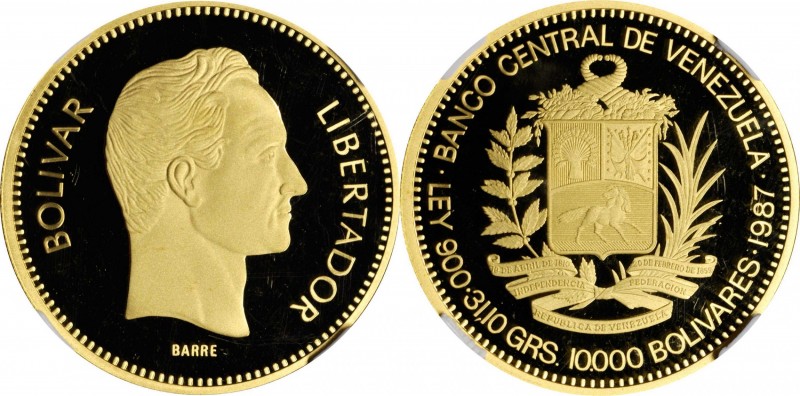 VENEZUELA. 10000 Bolivares, 1987. NGC PROOF-68 Ultra Cameo.

Fr-11; KM-61. AGW...