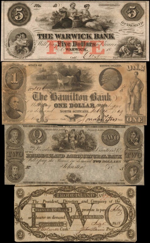 Lot of (4). Rhode Island. 1800s. $1, $2 & $5. Fine to Very Fine.

Included in ...