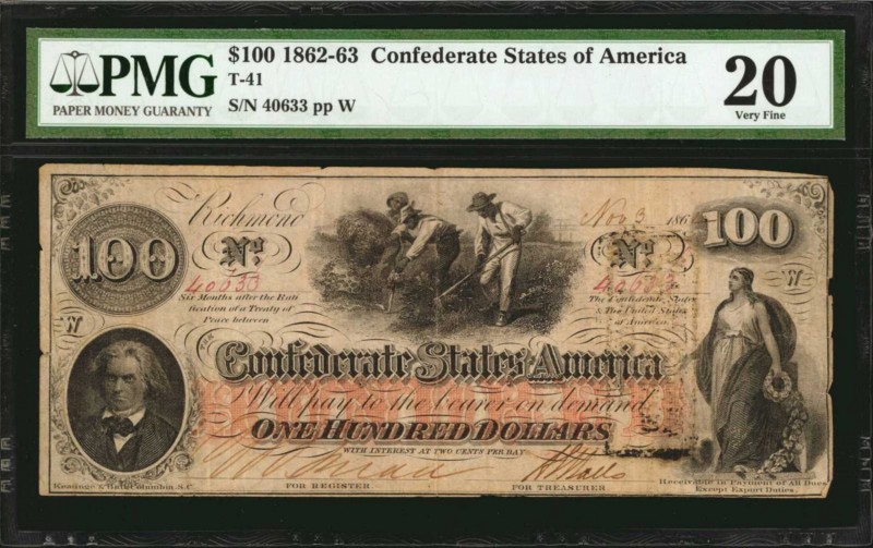 T-41. Confederate Currency. 1862-63 $100. PMG Very Fine 20.

No. 40633, Plate ...