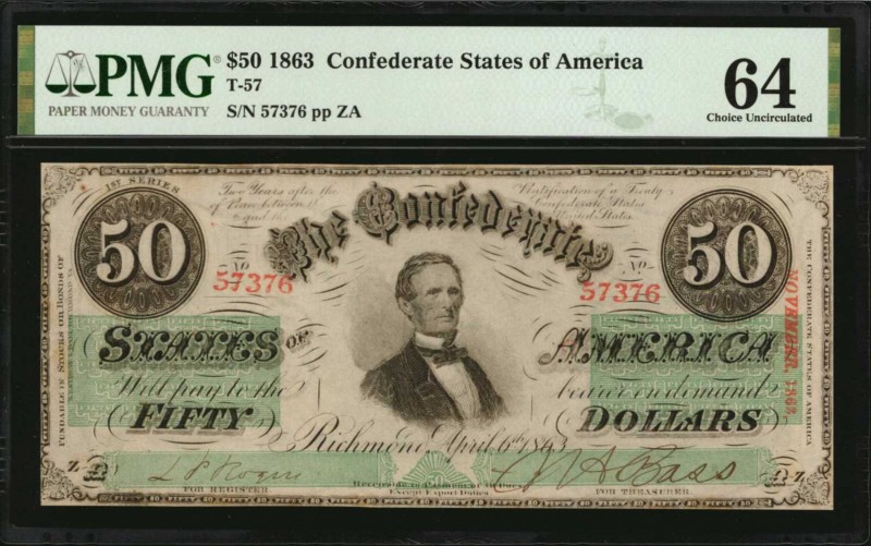 T-57. Confederate Currency. 1863 $50. PMG Choice Uncirculated 64.

No. 57376, ...
