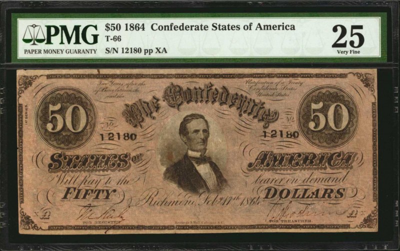 T-66. Confederate Currency. 1864 $50. PMG Very Fine 25.

No. 12180, Plate XA. ...