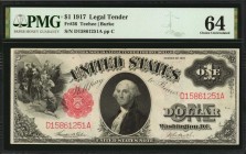 Fr. 36. 1917 $1 Legal Tender Note. PMG Choice Uncirculated 64.

This 1917 Legal Tender Ace is found in a nearly Gem grade, and displays bright paper...