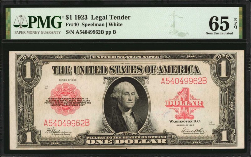Fr. 40. 1923 $1 Legal Tender Note. PMG Gem Uncirculated 65 EPQ.

Ruby red over...