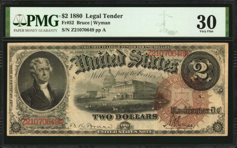 Fr. 52. 1880 $2 Legal Tender Note. PMG Very Fine 30.

A large brown spiked Tre...
