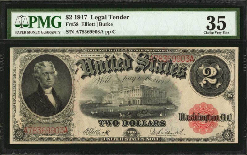 Fr. 58. 1917 $2 Legal Tender Note. PMG Choice Very Fine 35.

A mid-grade examp...