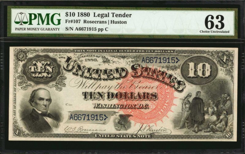 Fr. 107. 1880 $10 Legal Tender Note. PMG Choice Uncirculated 63.

An appealing...