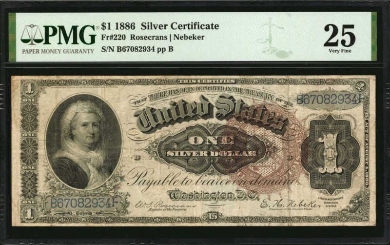 Fr. 220. 1886 $1 Silver Certificate. PMG Very Fine 25.

A popular large brown ...