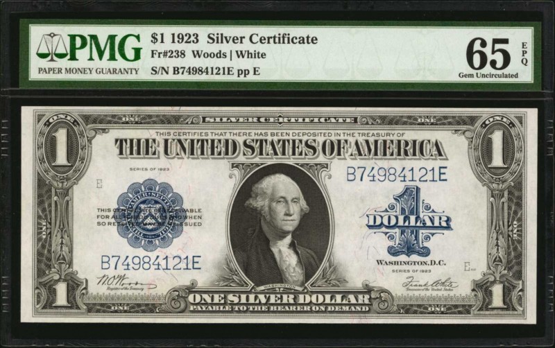 Fr. 238. 1923 $1 Silver Certificate. PMG Gem Uncirculated 65 EPQ.

Bright and ...