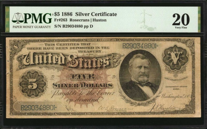 Fr. 263. 1886 $5 Silver Certificate. PMG Very Fine 20.

A Very Fine example of...