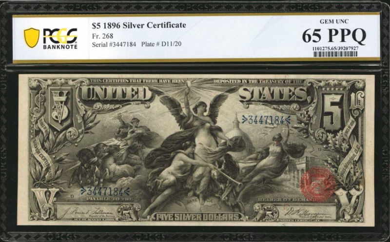 Fr. 268. 1896 $5 Silver Certificate. PCGS Banknote Gem Uncirculated 65 PPQ.

T...