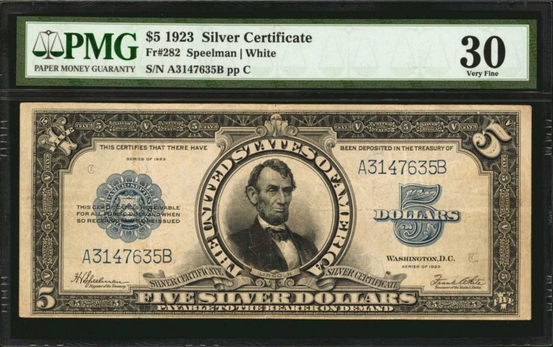 Fr. 282. 1923 $5 Silver Certificate. PMG Very Fine 30.

A Very Fine example of...