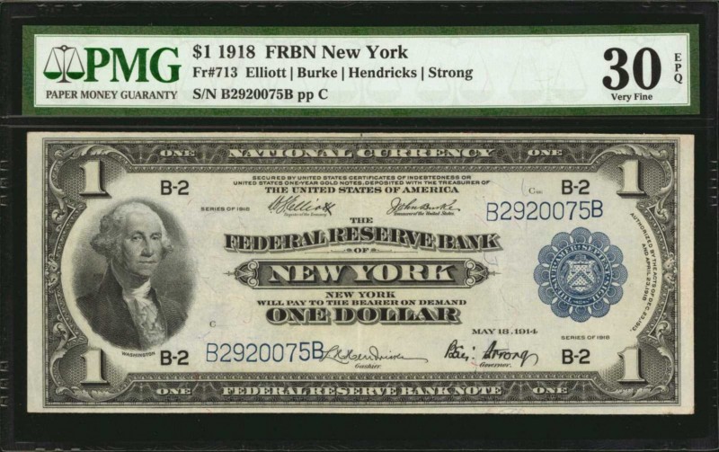 Fr. 713. 1918 $1 Federal Reserve Bank Note. New York. PMG Very Fine 30 EPQ.

T...