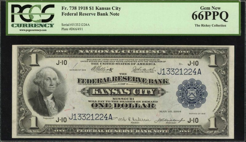 Fr. 738. 1918 $1 Federal Reserve Bank Note. Kansas City. PCGS Currency Gem New 6...