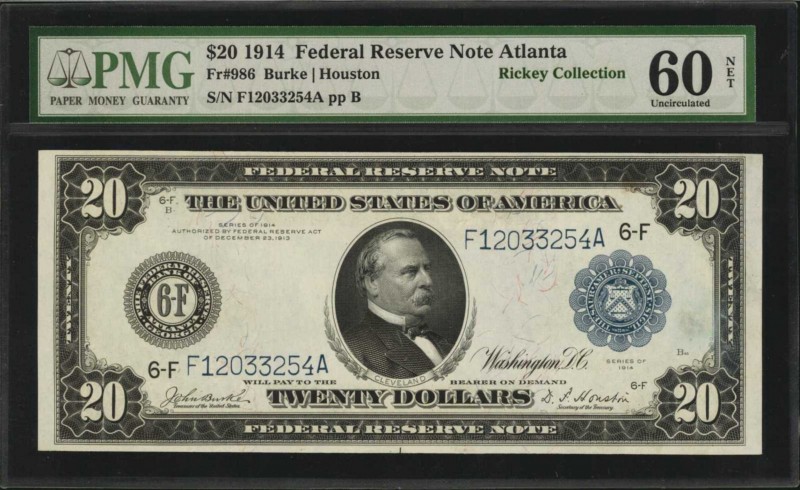Fr. 986. 1914 $20 Federal Reserve Note. Atlanta. PMG Uncirculated 60 Net. Intern...