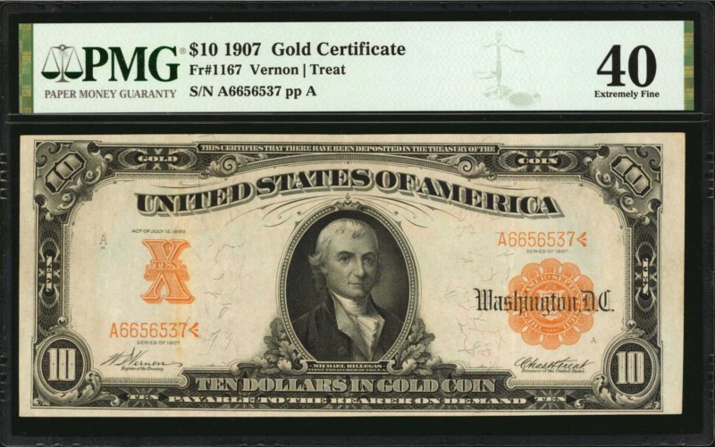 Fr. 1167. 1907 $10 Gold Certificate. PMG Extremely Fine 40.

Honey gold overpr...