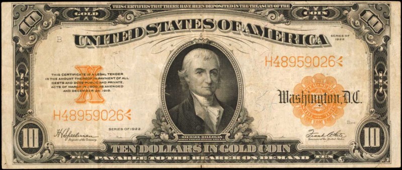 Fr. 1173. 1922 $10 Gold Certificate. Very Fine.

Two pinholes are noticed on t...