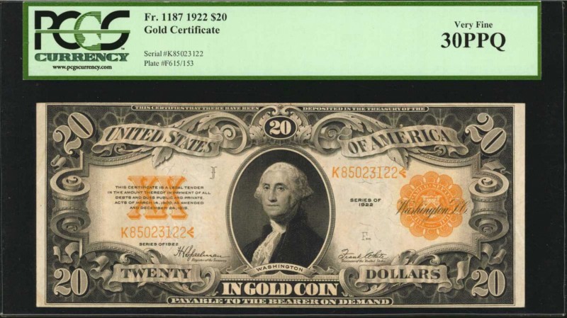 Fr. 1187. 1922 $20 Gold Certificate. PCGS Currency Very Fine 30 PPQ.

A Very F...