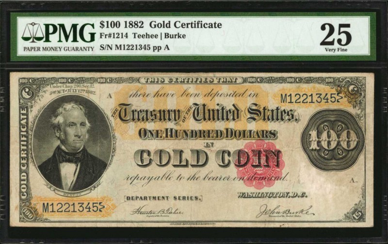 Fr. 1214. 1882 $100 Gold Certificate. PMG Very Fine 25.

This desirable $100 G...