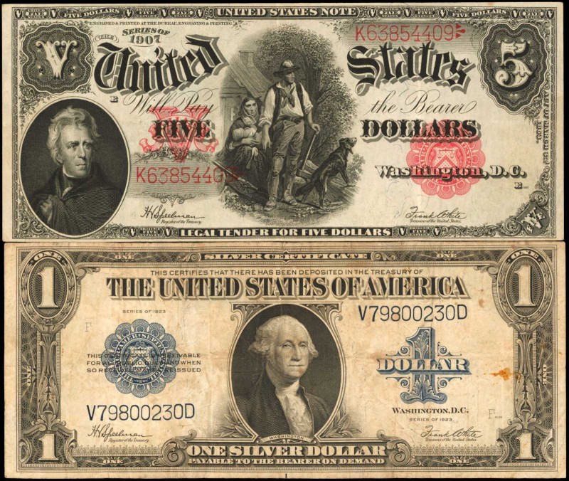 Lot of (2). Fr. 91 & 236. 1907 & 1923 $1 & $5. Legal Tender Note & Silver Certif...