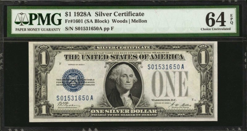 Fr. 1601. 1928A $1 Silver Certificate. PMG Choice Uncirculated 64 EPQ.

A near...