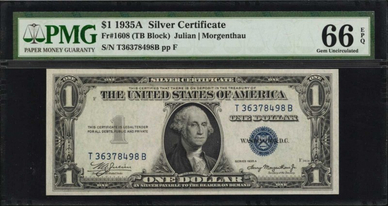 Fr. 1608. 1935A $1 Silver Certificate. PMG Gem Uncirculated 66 EPQ.

Bright pa...