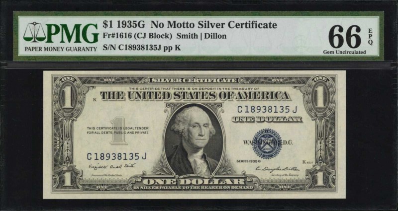 Fr. 1616. 1935G $1 Silver Certificate. PMG Gem Uncirculated 66 EPQ.

This Gem ...