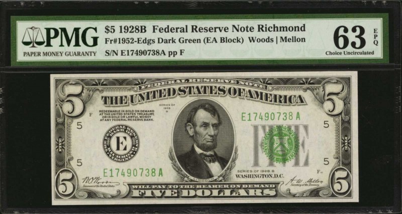 Fr. 1952-Edgs. 1928B $5 Federal Reserve Note. Richmond. PMG Choice Uncirculated ...