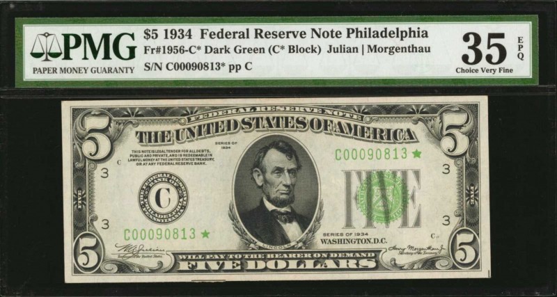 Fr. 1956-C*. 1934 $5 Federal Reserve Star Note. PMG Choice Very Fine 35 EPQ.

...