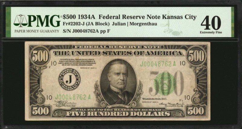 Fr. 2202-J. 1934A $500 Federal Reserve Note. Kansas City. PMG Extremely Fine 40....