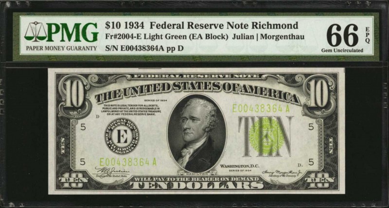 Fr. 2004-E. 1934 $10 Federal Reserve Note. Richmond. PMG Gem Uncirculated 66 EPQ...