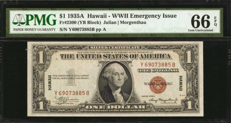 Fr. 2300. 1935A $1 Hawaii Emergency Note. PMG Gem Uncirculated 66 EPQ.

Wide m...