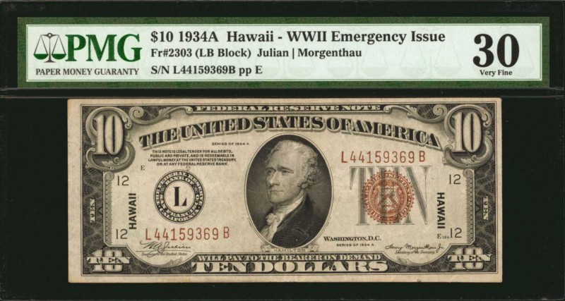 Fr. 2303. 1934A $10 Hawaii Emergency Note. PMG Very Fine 30.

A Very Fine exam...
