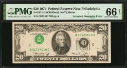 Fr. 2071-C. 1974 $20 Federal Reserve Note. Philadelphia. PMG Gem Uncirculated 66 EPQ. Inverted Overprint Error.

This Gem 1974 $20 FRN displays an i...