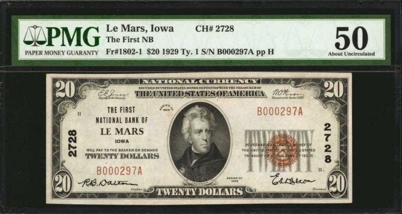 Le Mars, Iowa. $20 1929 Ty. 1. Fr. 1802-1. The First NB. Charter #2728. PMG Abou...