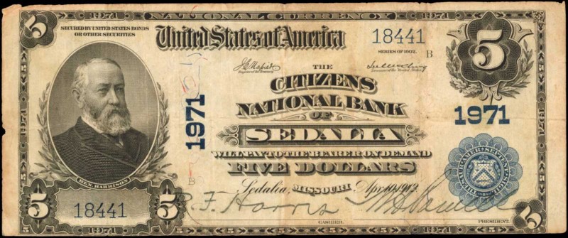 Sedalia, Missouri. $5 1902 Plain Back. Fr. 602. The Citizens NB. Charter #1971. ...