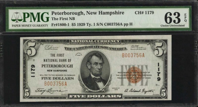 Peterborough, New Hampshire. $5 1929 Ty. 1. Fr. 1800-1. The First NB. Charter #1...