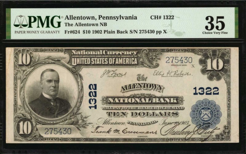 Allentown, Pennsylvania. $10 1902 Plain Back. Fr. 624. The Allentown NB. Charter...