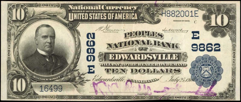 Edwardsville, Pennsylvania. $10 1902 Plain Back. Fr. 627. Peoples NB. Charter #9...