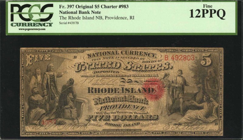 Providence, Rhode Island. $5 Original. Fr. 397. The Rhode Island NB. Charter #98...
