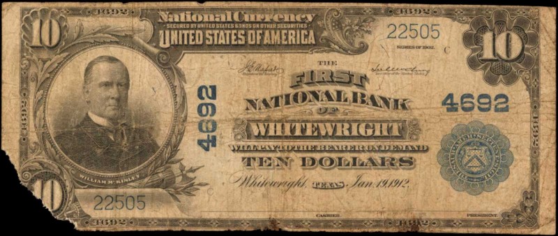 Whitewright, Texas. $10 1902 Plain Back. Fr. 628. The First NB. Charter #4692. V...