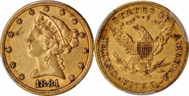 1881 Liberty Head Half Eagle. AU-55 (PCGS).

PCGS# 8354. NGC ID: 25XD.

Estimate: $400
