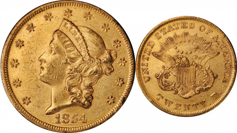 1854 Liberty Head Double Eagle. Small Date. About Uncirculated (Uncertified).
...